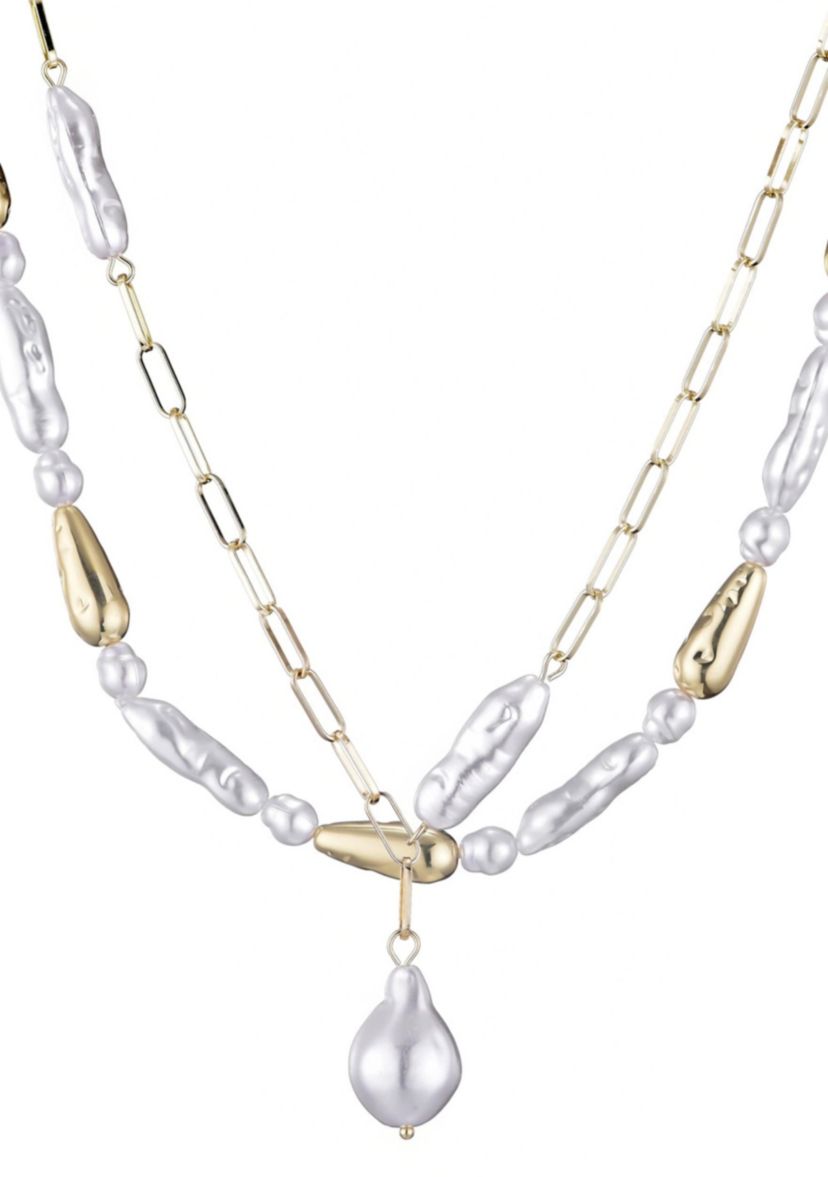 Gold Plated Beaded Faux Pearl Layered Lariat Necklace