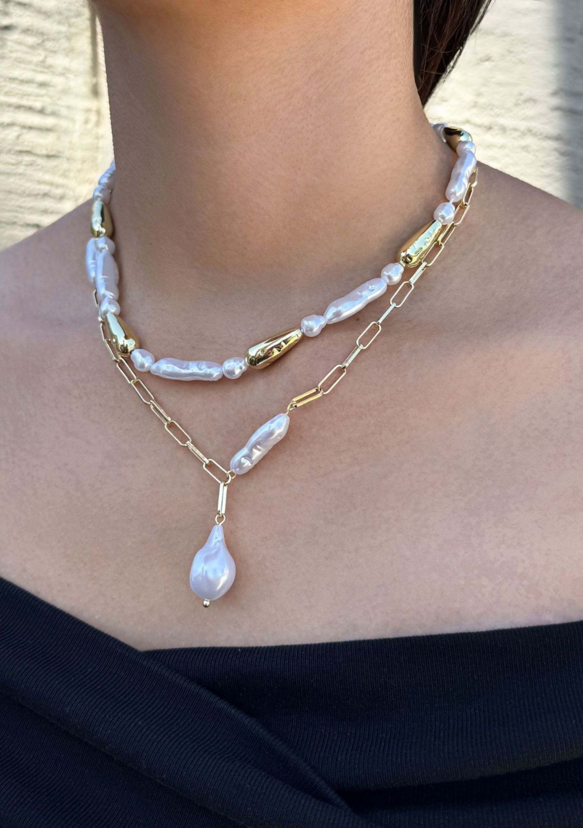 Gold Plated Beaded Faux Pearl Layered Lariat Necklace