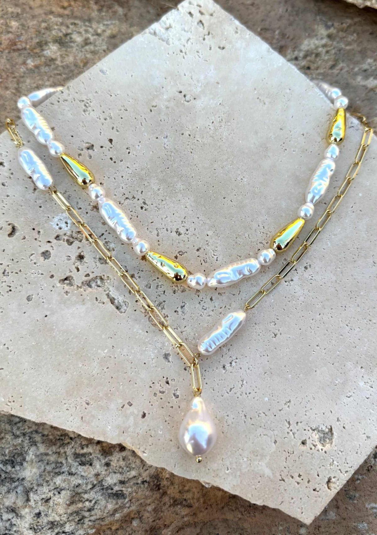 Gold Plated Beaded Faux Pearl Layered Lariat Necklace