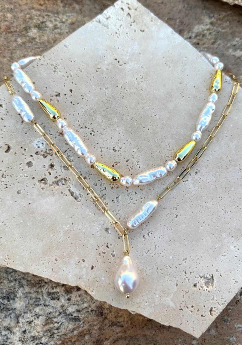 Gold Plated Beaded Faux Pearl Layered Lariat Necklace