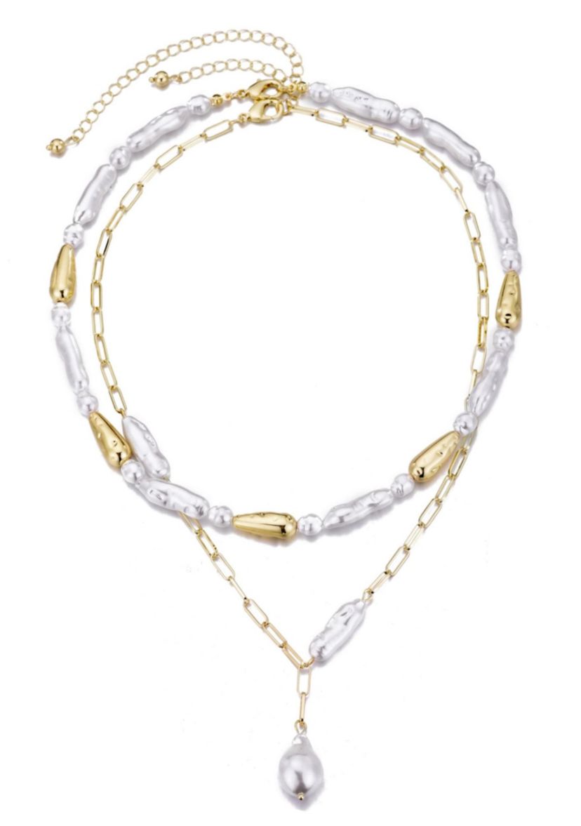 Gold Plated Beaded Faux Pearl Layered Lariat Necklace
