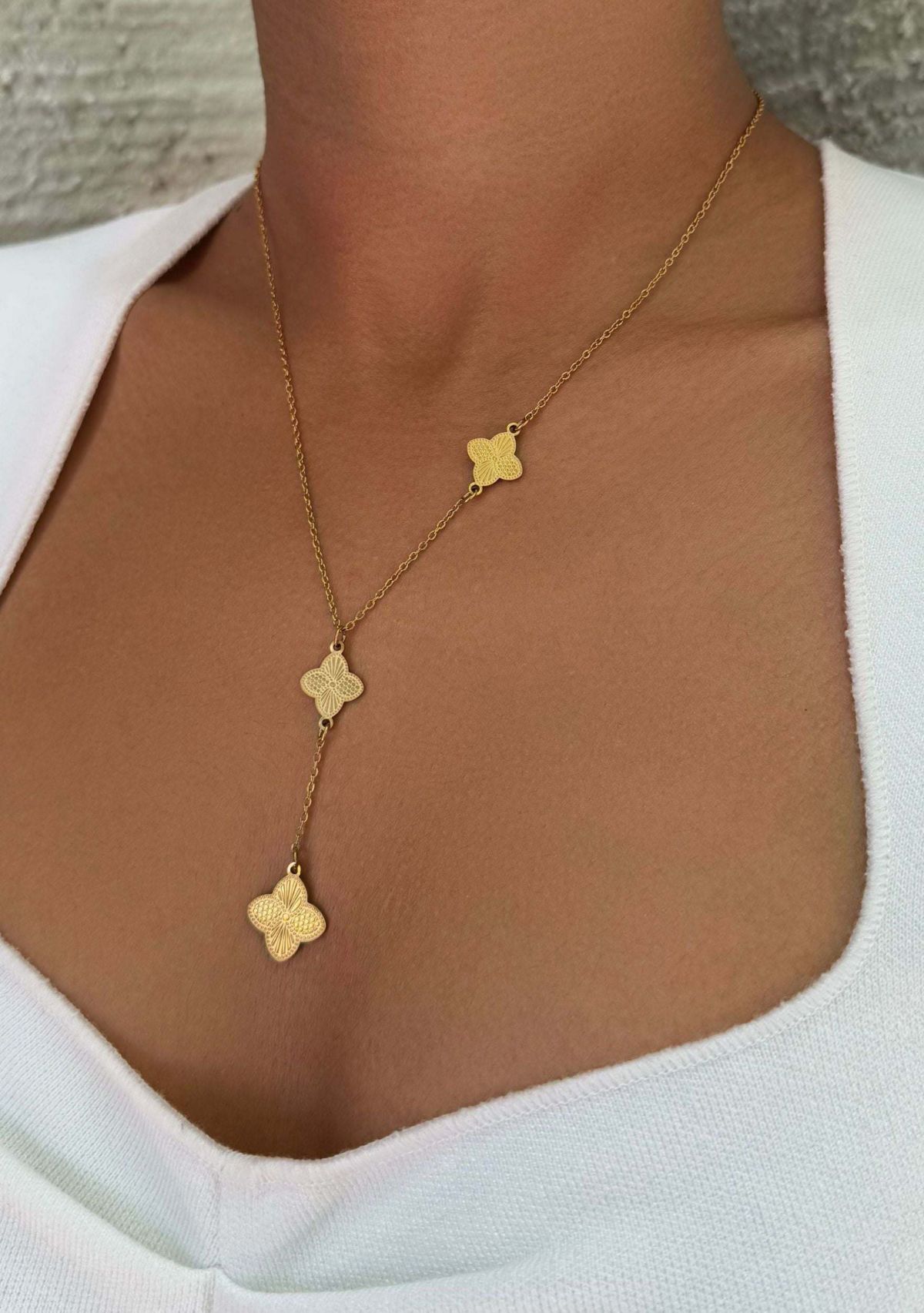 Tarnish Resistant 18k Gold Plated Pointed 3-Clover Y-Necklace