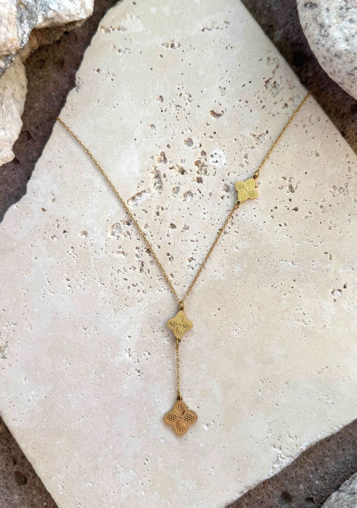 Tarnish Resistant 18k Gold Plated Pointed 3-Clover Y-Necklace