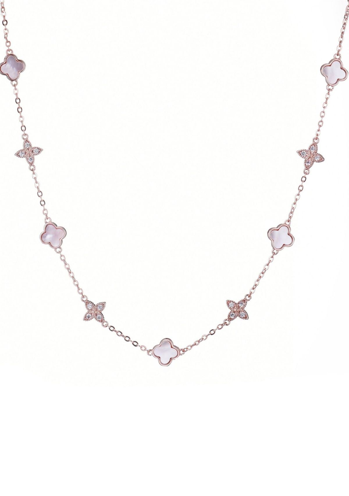 14k Rose Gold Plated Mixed Mother of Pearl and CZ Clover Station Necklace