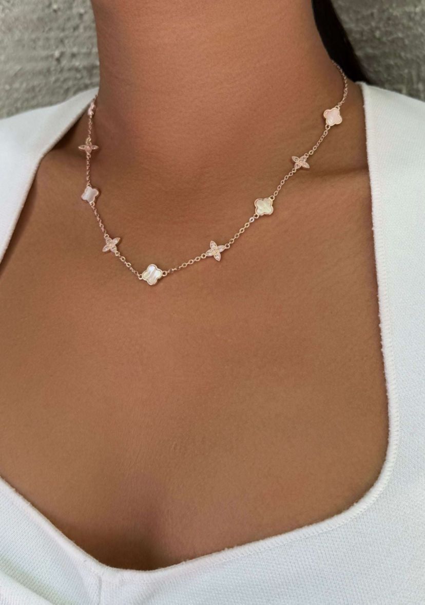 14k Rose Gold Plated Mixed Mother of Pearl and CZ Clover Station Necklace