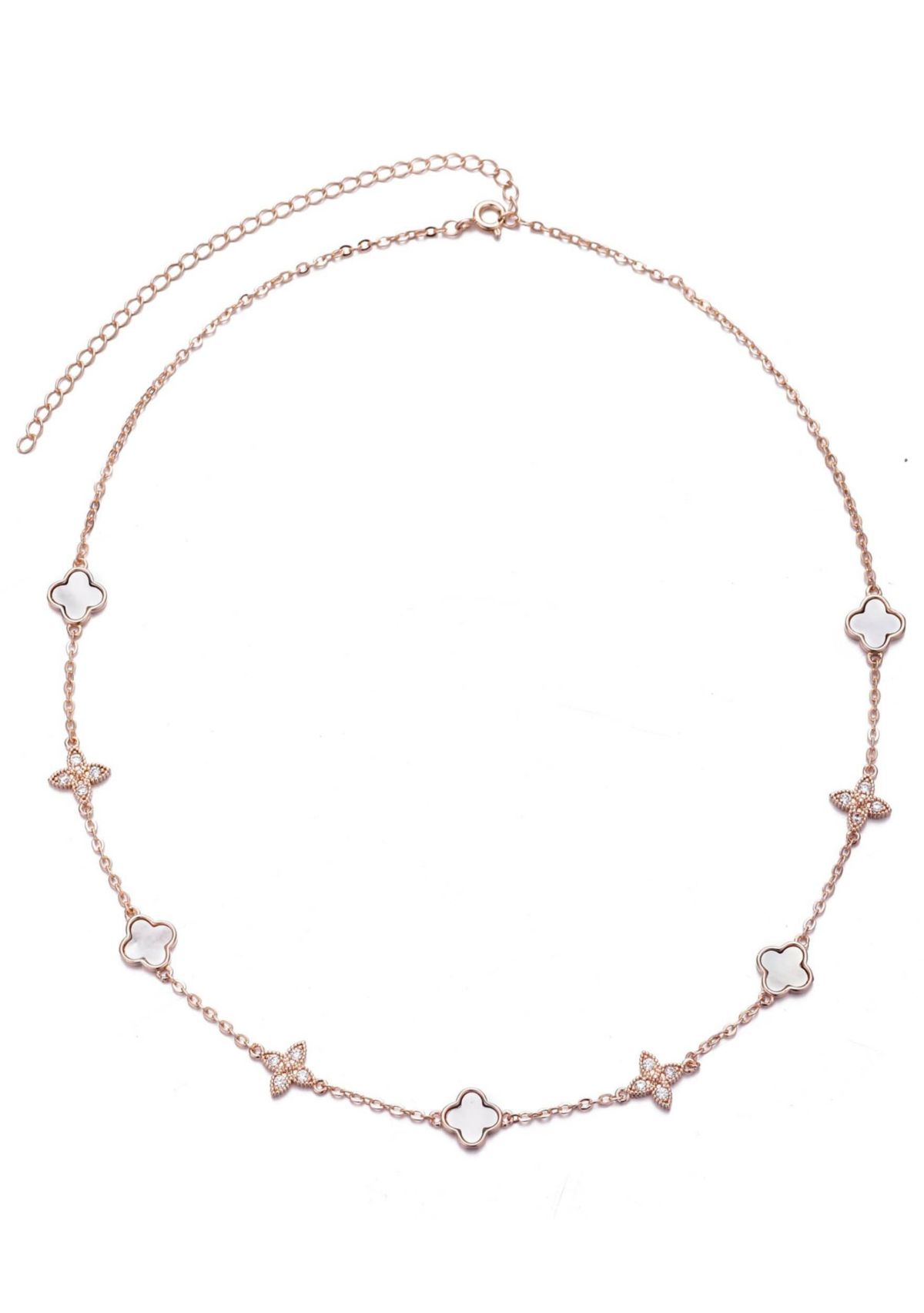 14k Rose Gold Plated Mixed Mother of Pearl and CZ Clover Station Necklace