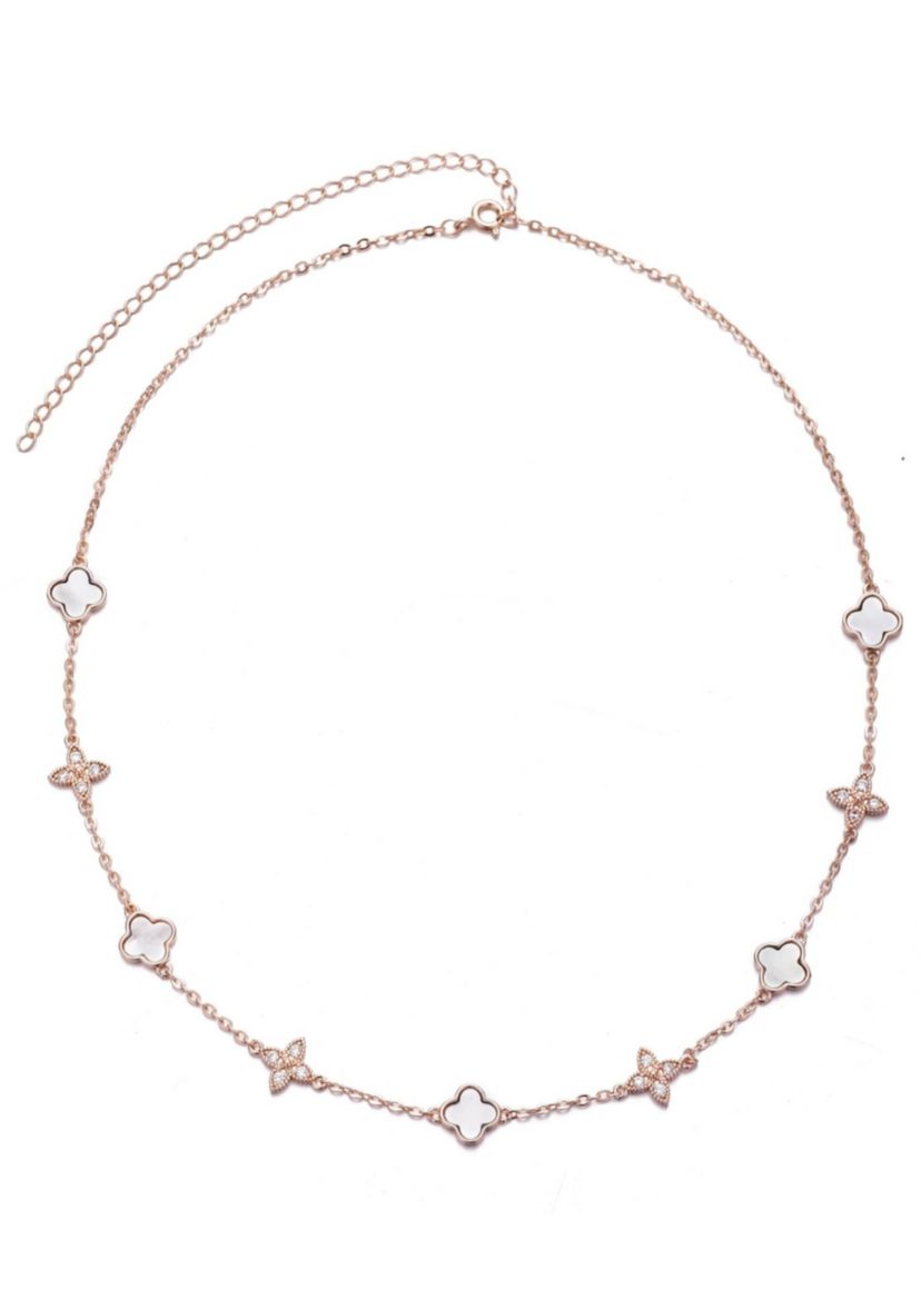 14k Rose Gold Plated Mixed Mother of Pearl and CZ Clover Station Necklace