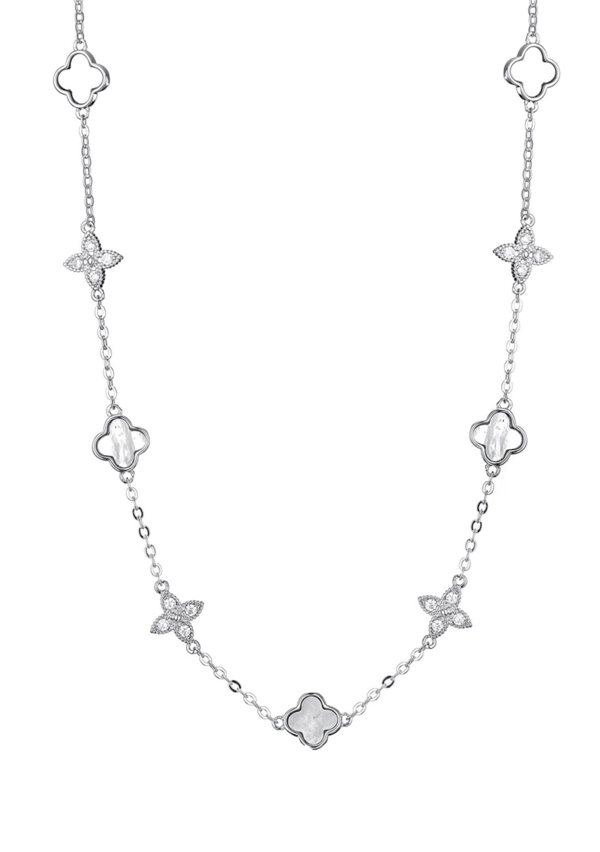 Silver Plated Mixed Mother of Pearl and CZ Clover Station Necklace