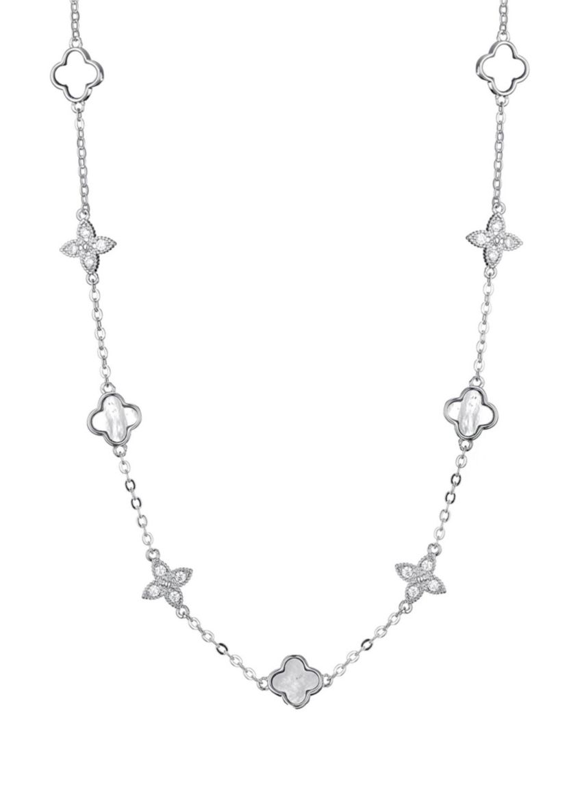 Silver Plated Mixed Mother of Pearl and CZ Clover Station Necklace