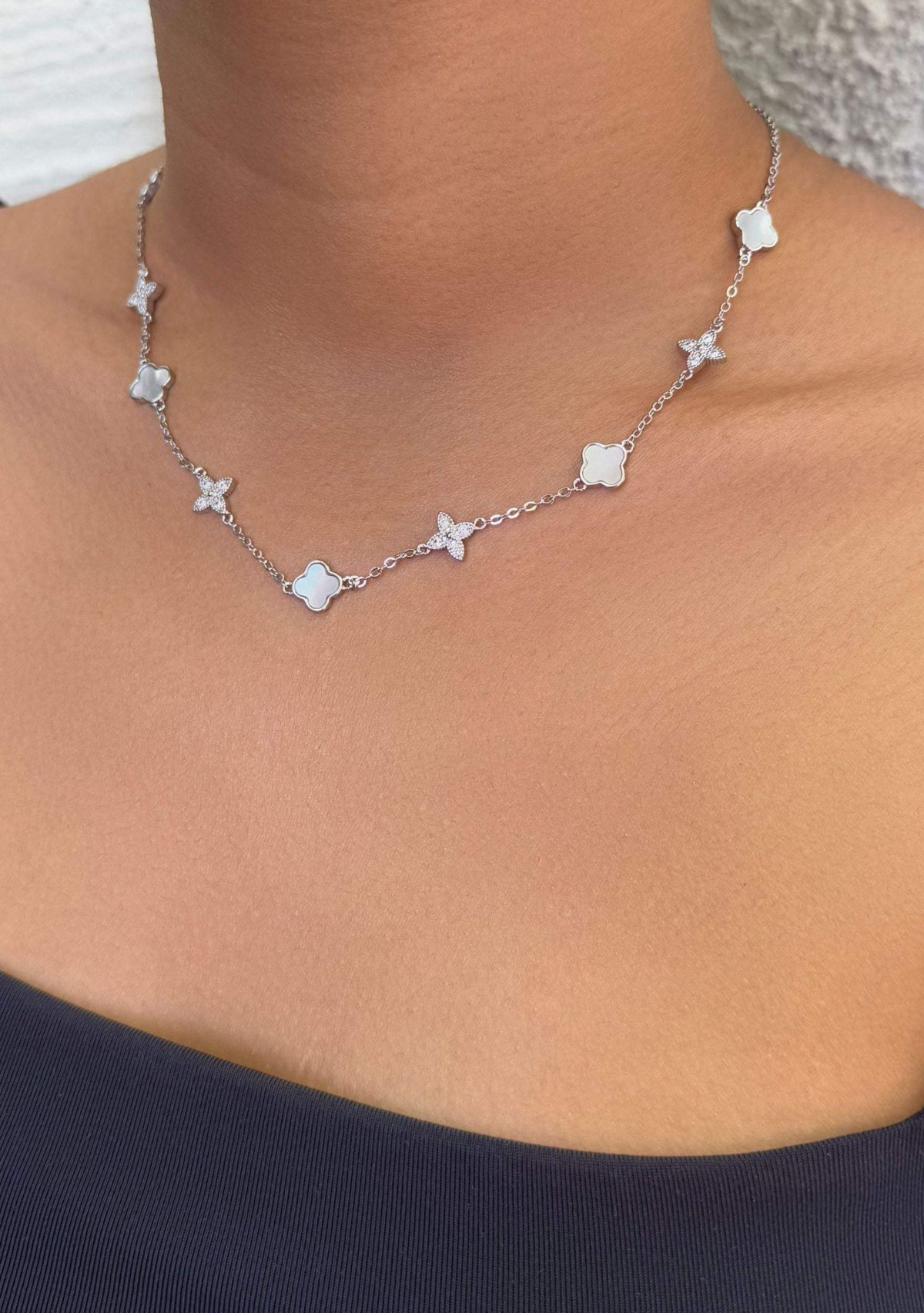 Silver Plated Mixed Mother of Pearl and CZ Clover Station Necklace