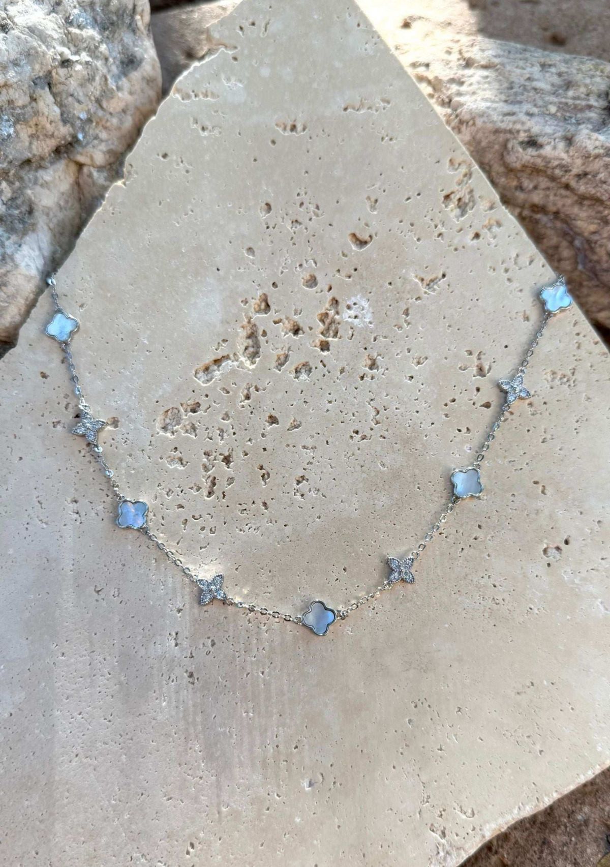 Silver Plated Mixed Mother of Pearl and CZ Clover Station Necklace