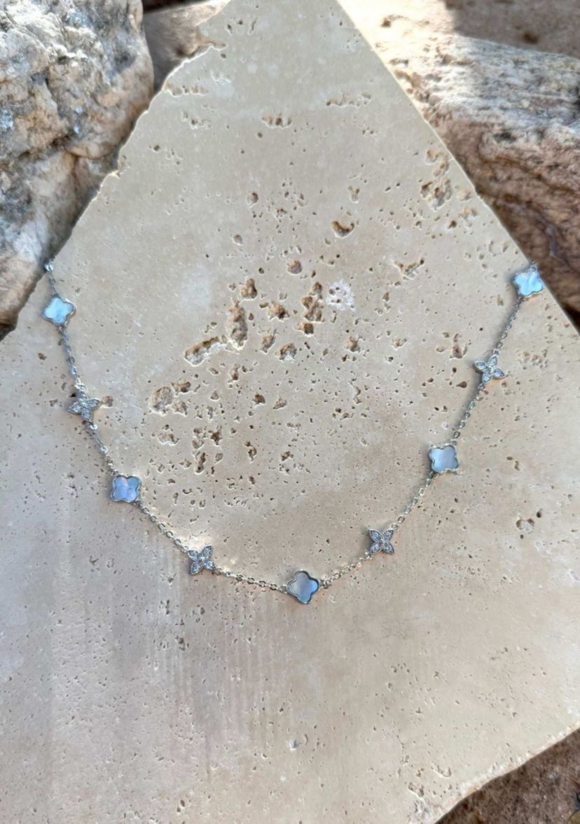 Silver Plated Mixed Mother of Pearl and CZ Clover Station Necklace