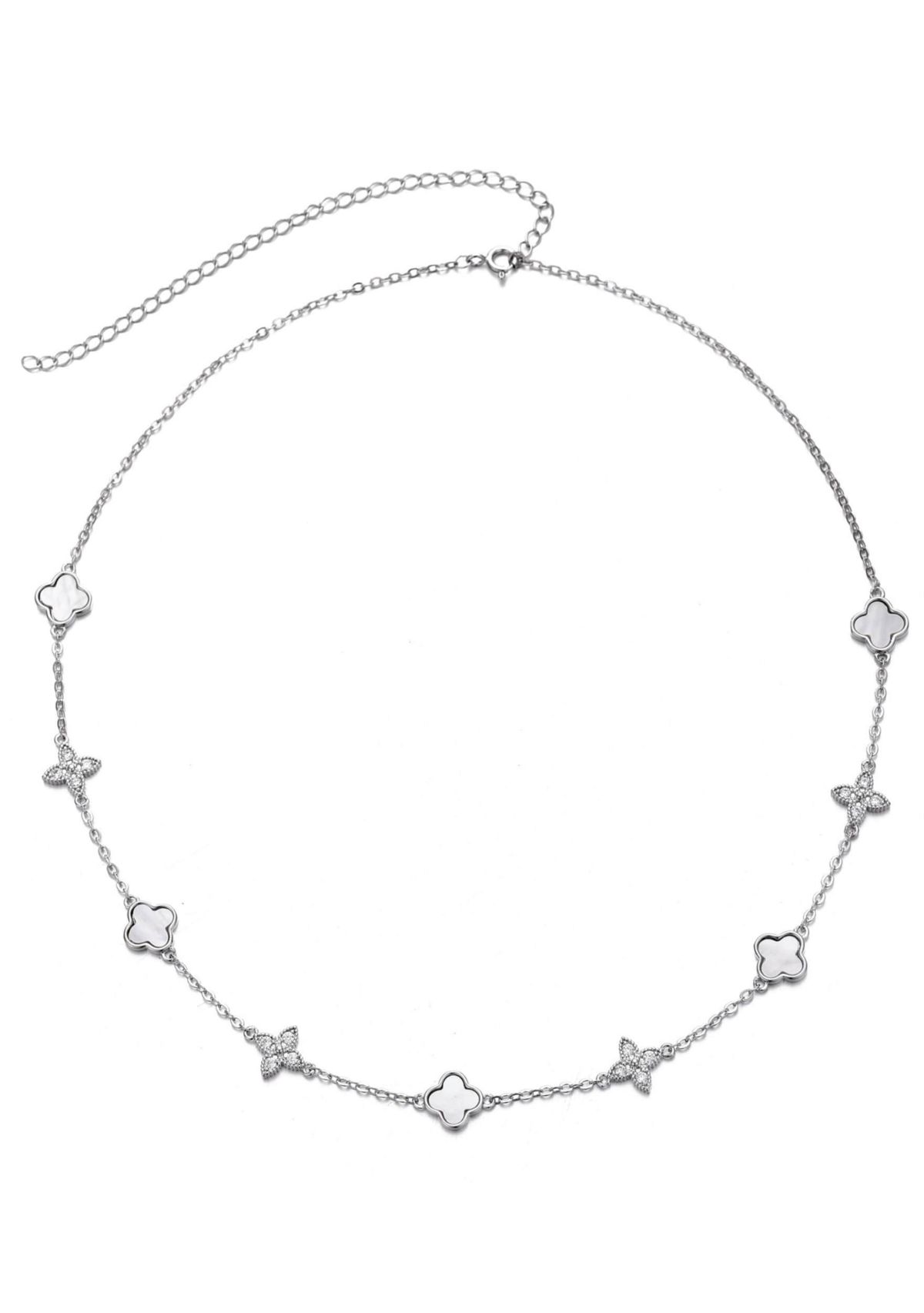 Silver Plated Mixed Mother of Pearl and CZ Clover Station Necklace