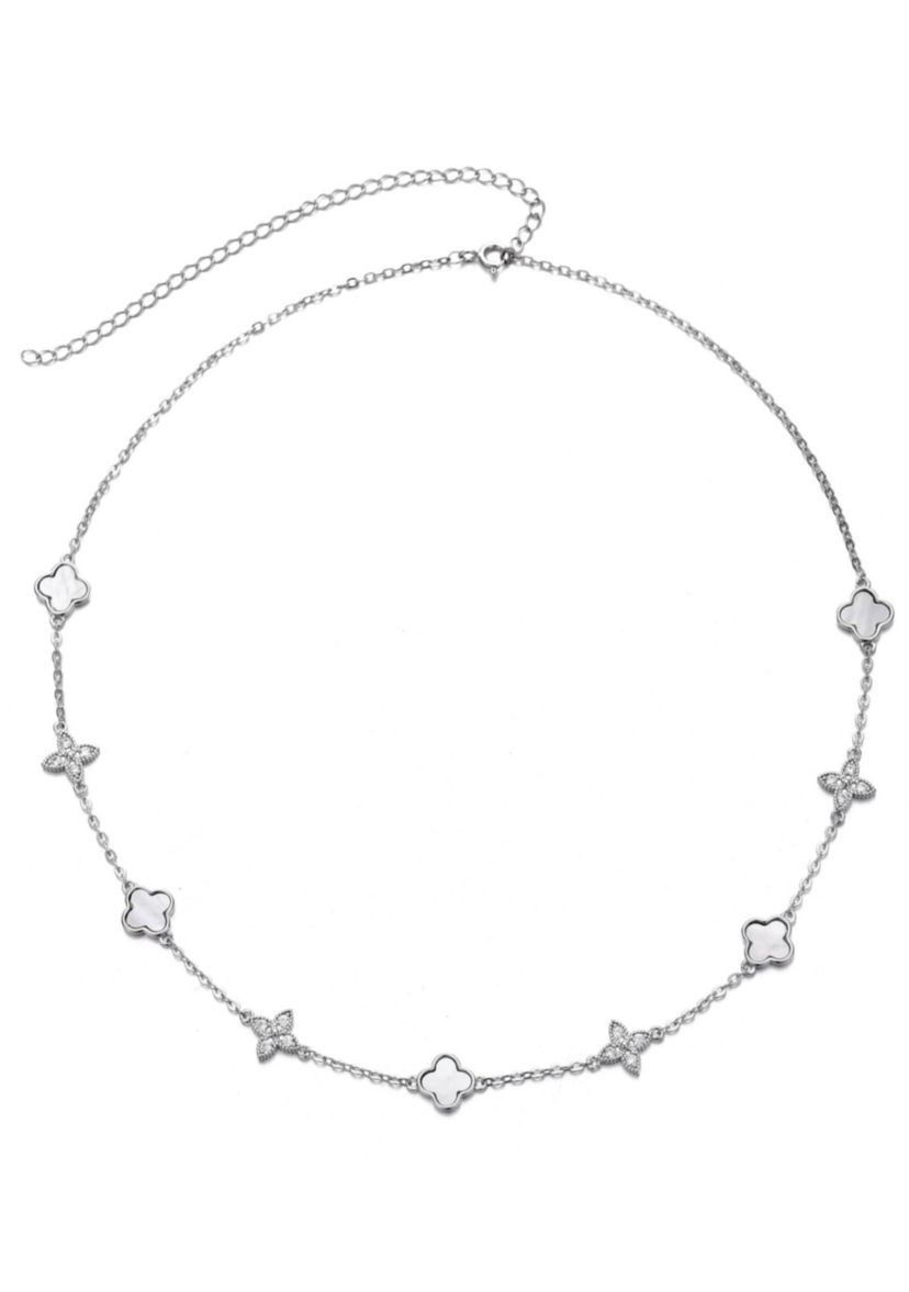 Silver Plated Mixed Mother of Pearl and CZ Clover Station Necklace
