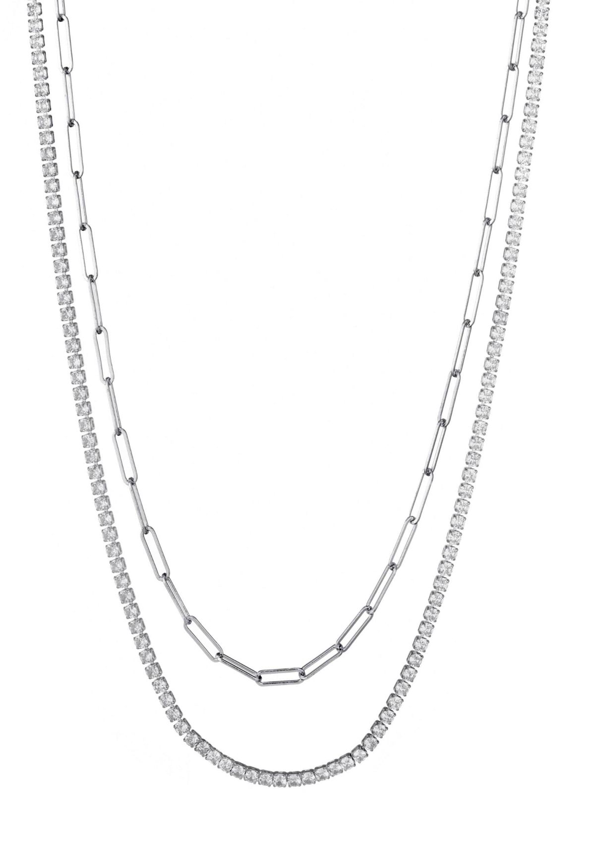 Silver Plated Tennis and Paperclip Chain Necklace Set