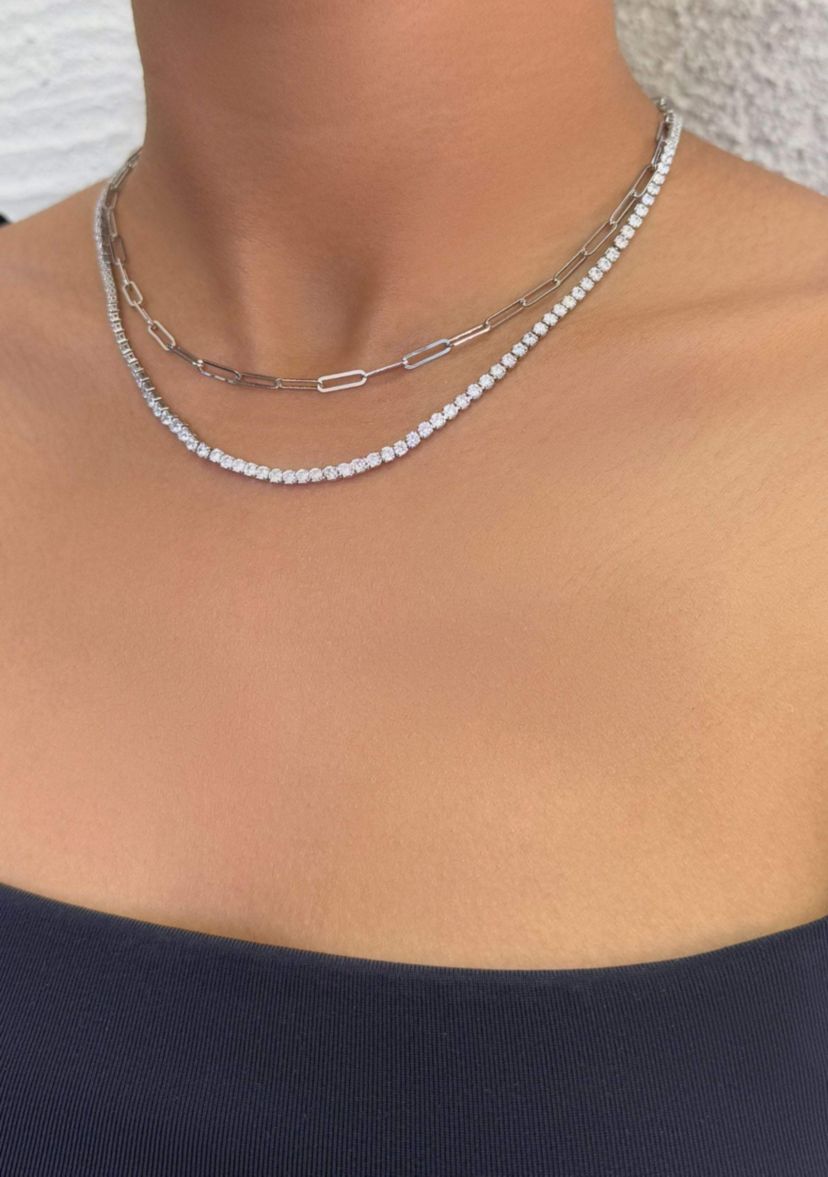 Silver Plated Tennis and Paperclip Chain Necklace Set