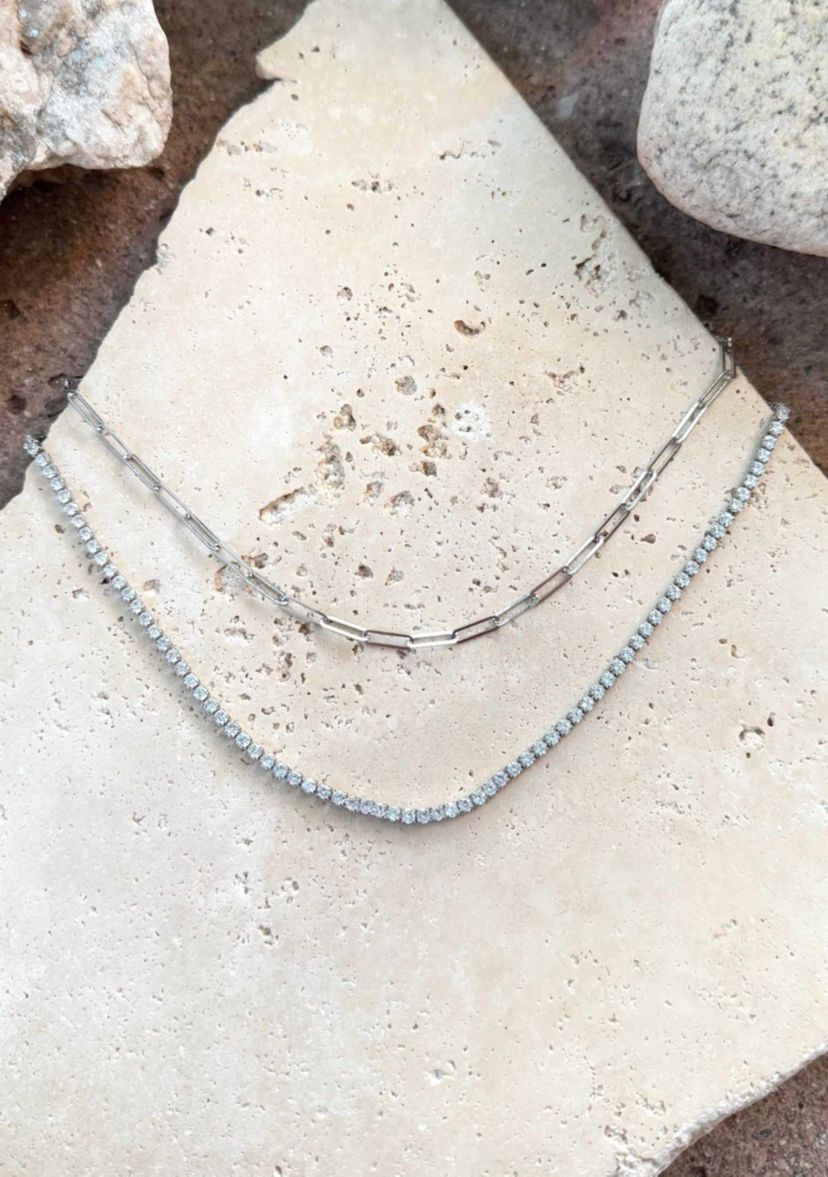 Silver Plated Tennis and Paperclip Chain Necklace Set