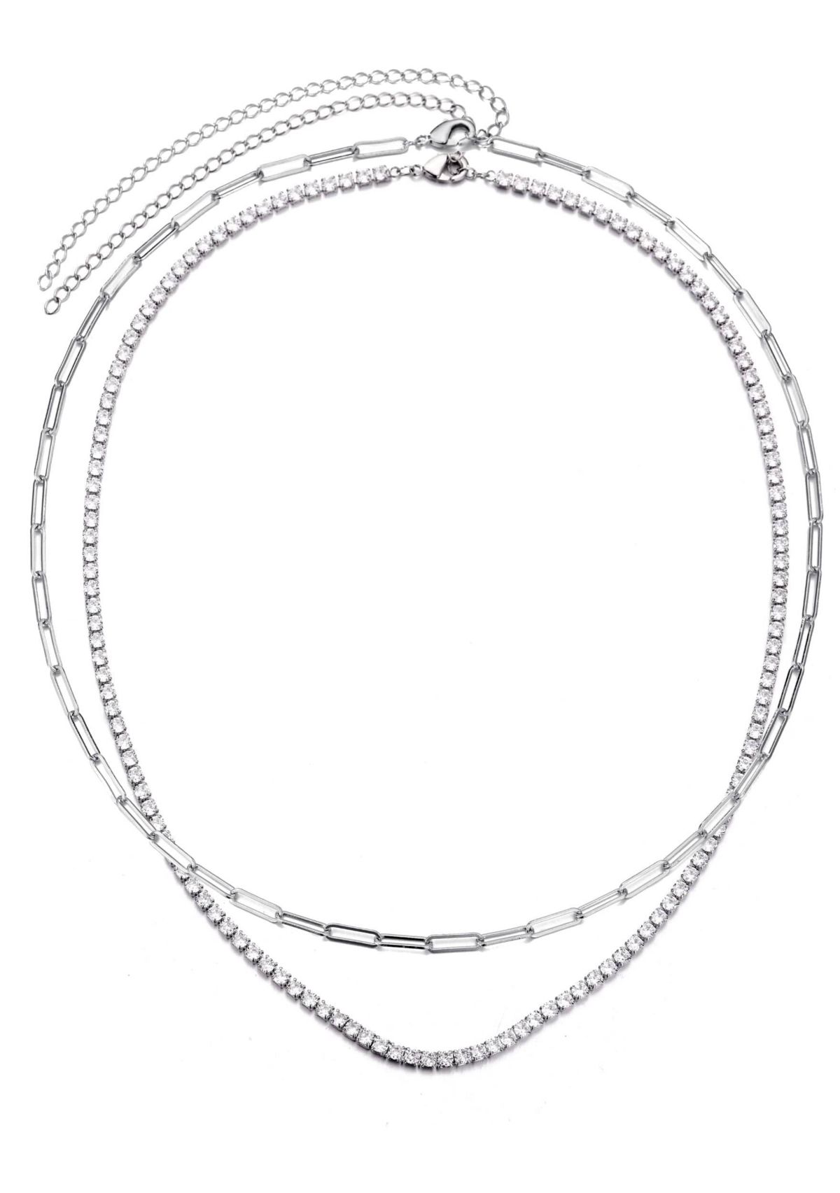 Silver Plated Tennis and Paperclip Chain Necklace Set