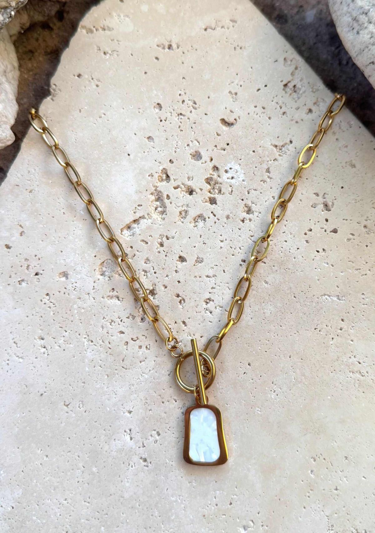 Tarnish Resistant 18k Gold Plated Mother of Pearl Toggle Necklace