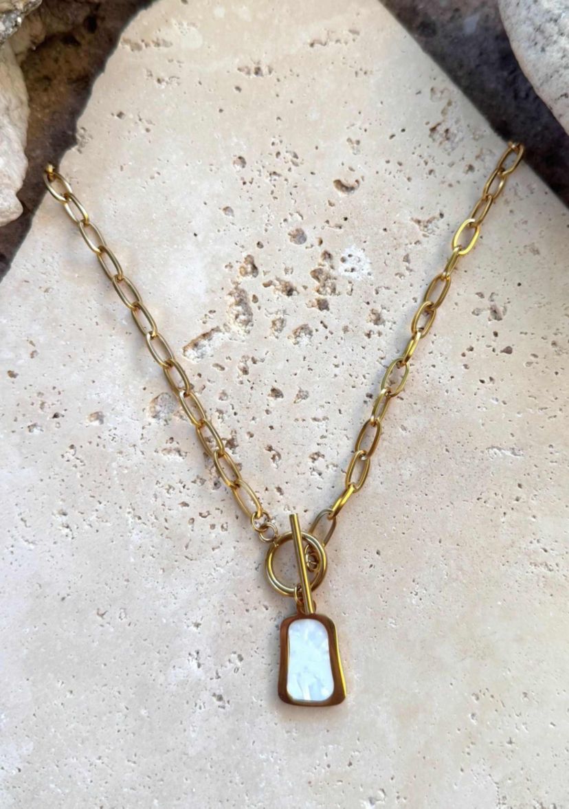 Tarnish Resistant 18k Gold Plated Mother of Pearl Toggle Necklace