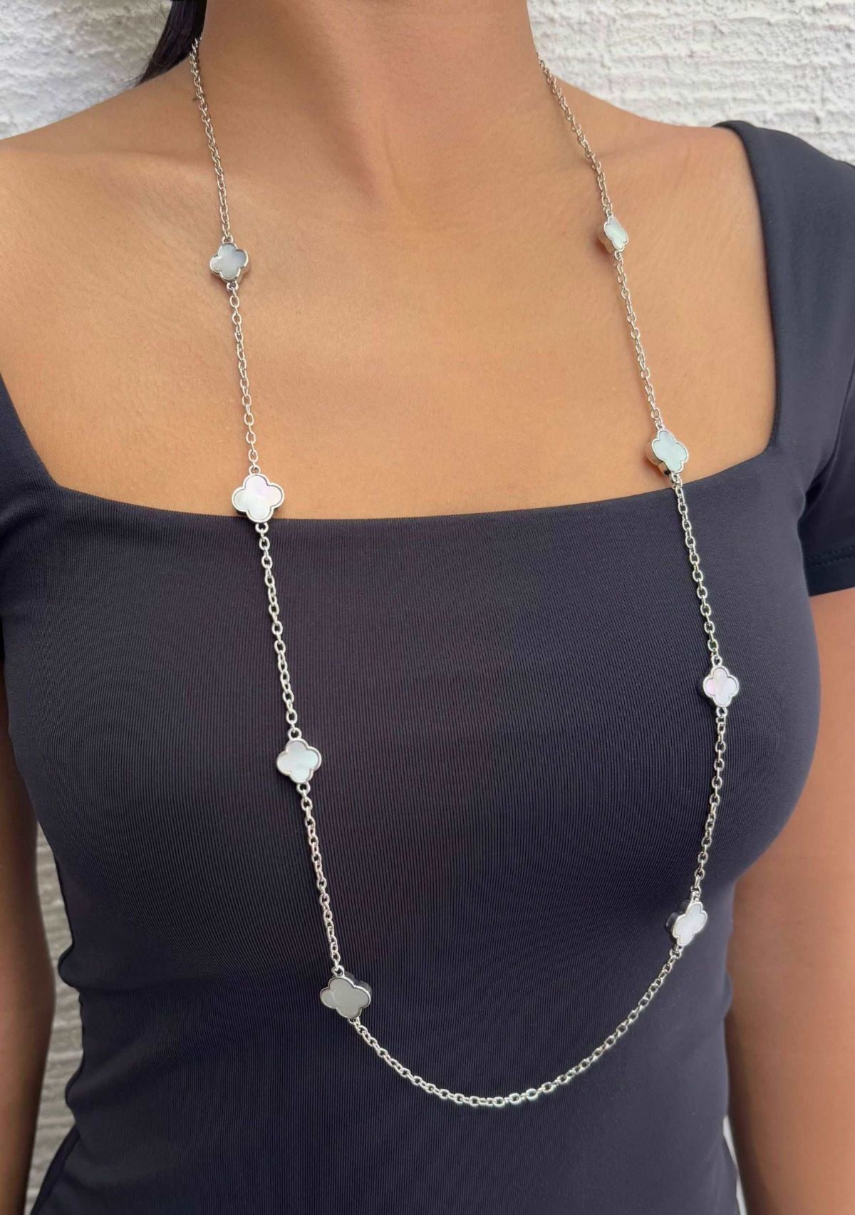 Silver Plated 36" Mother of Pearl Flower Station Necklace