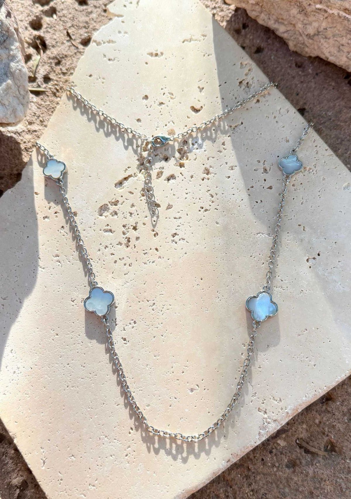 Silver Plated 36" Mother of Pearl Flower Station Necklace