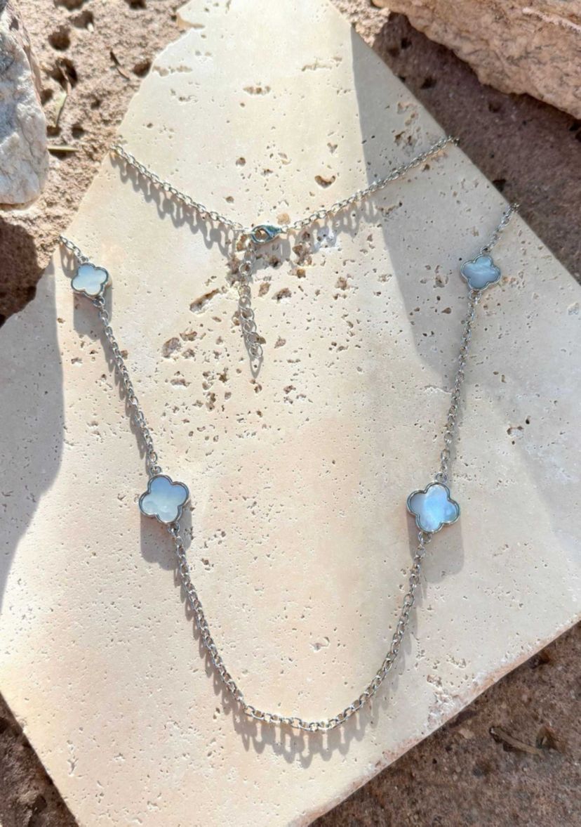 Silver Plated 36" Mother of Pearl Flower Station Necklace