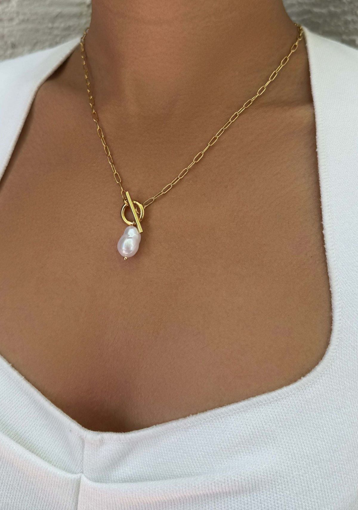 Tarnish Resistant 18k Gold Plated Freshwater Pearl Toggle Necklace