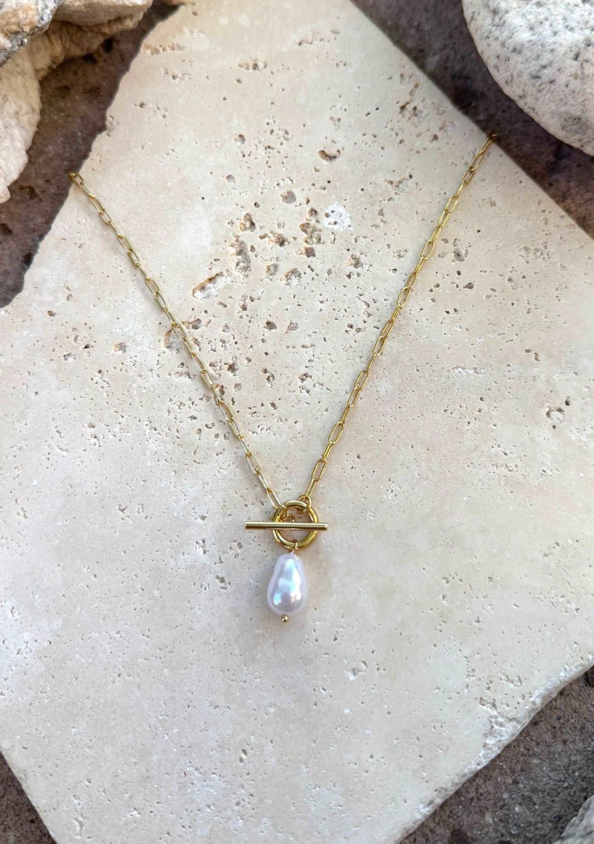 Tarnish Resistant 18k Gold Plated Freshwater Pearl Toggle Necklace