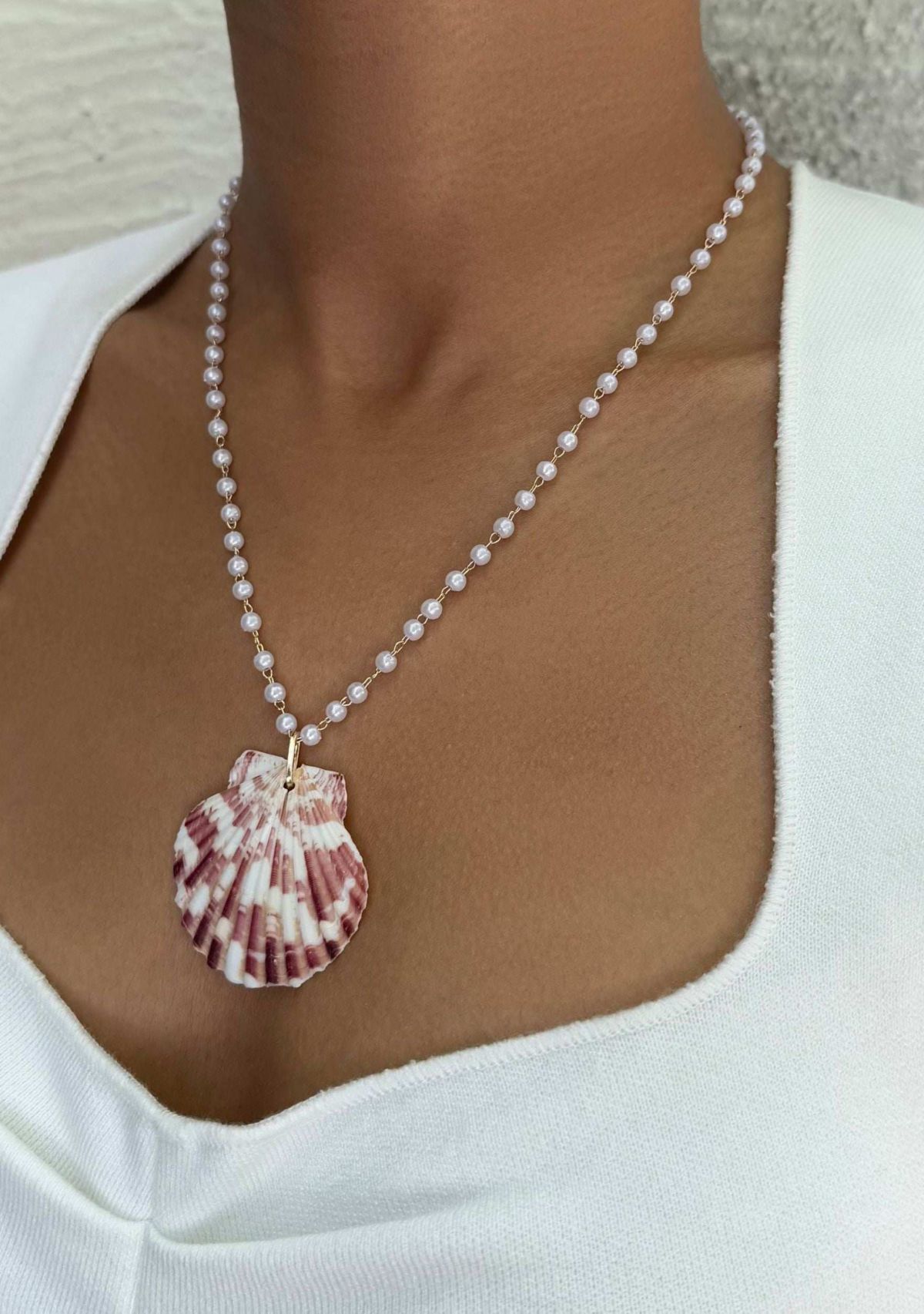 14k Gold Plated Pink Shell Rosary Pearl Necklace
