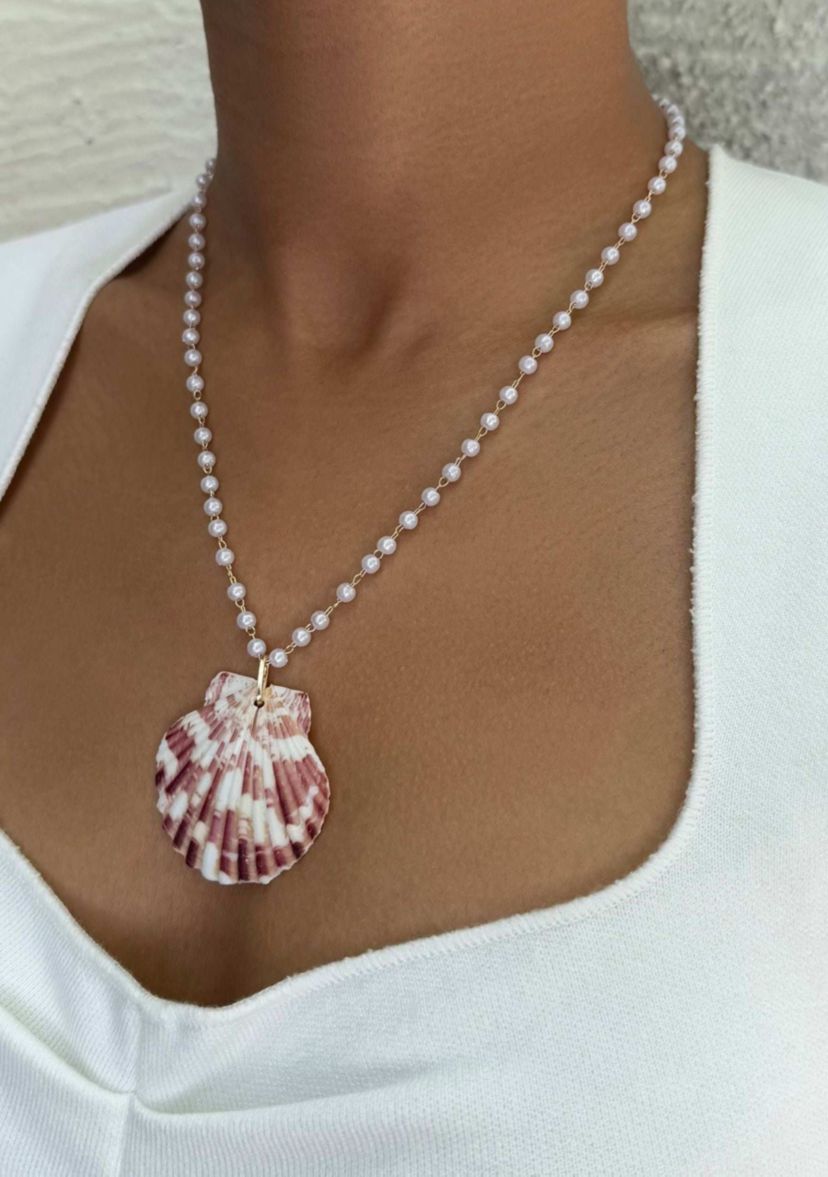 14k Gold Plated Pink Shell Rosary Pearl Necklace