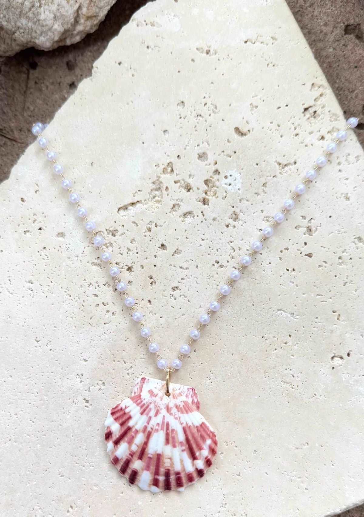 14k Gold Plated Pink Shell Rosary Pearl Necklace