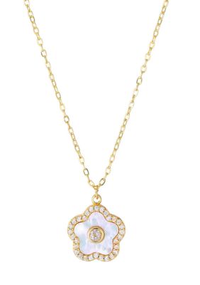 Adornia 14k Gold Plated Mother of Pearl Flower with CZ Center Stone Pendant Necklace