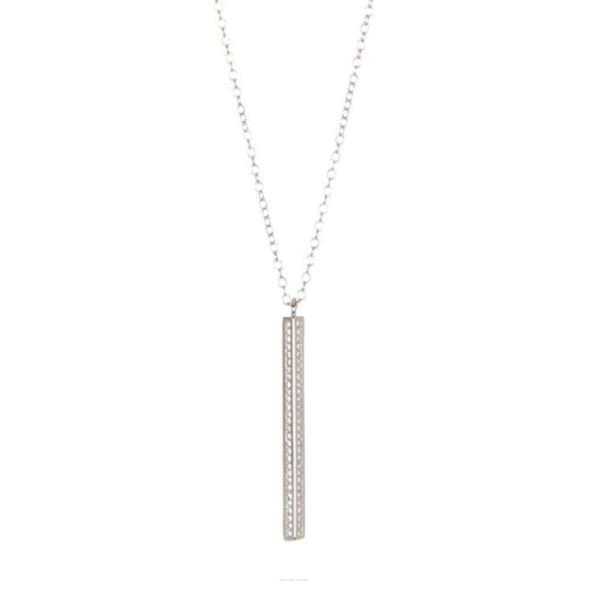 Rhodium Plated Crystal Bar Drop Necklace