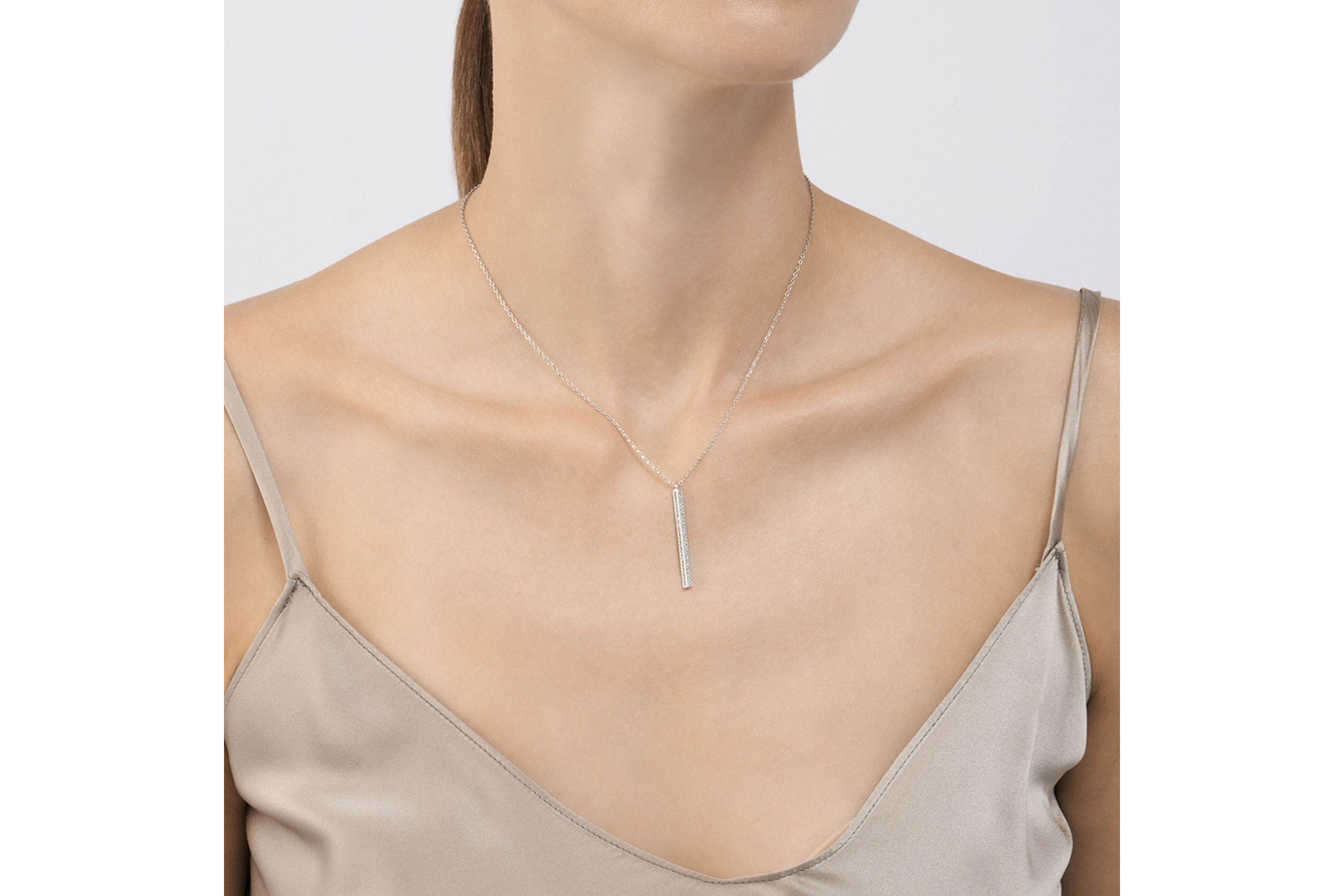 Rhodium Plated Crystal Bar Drop Necklace