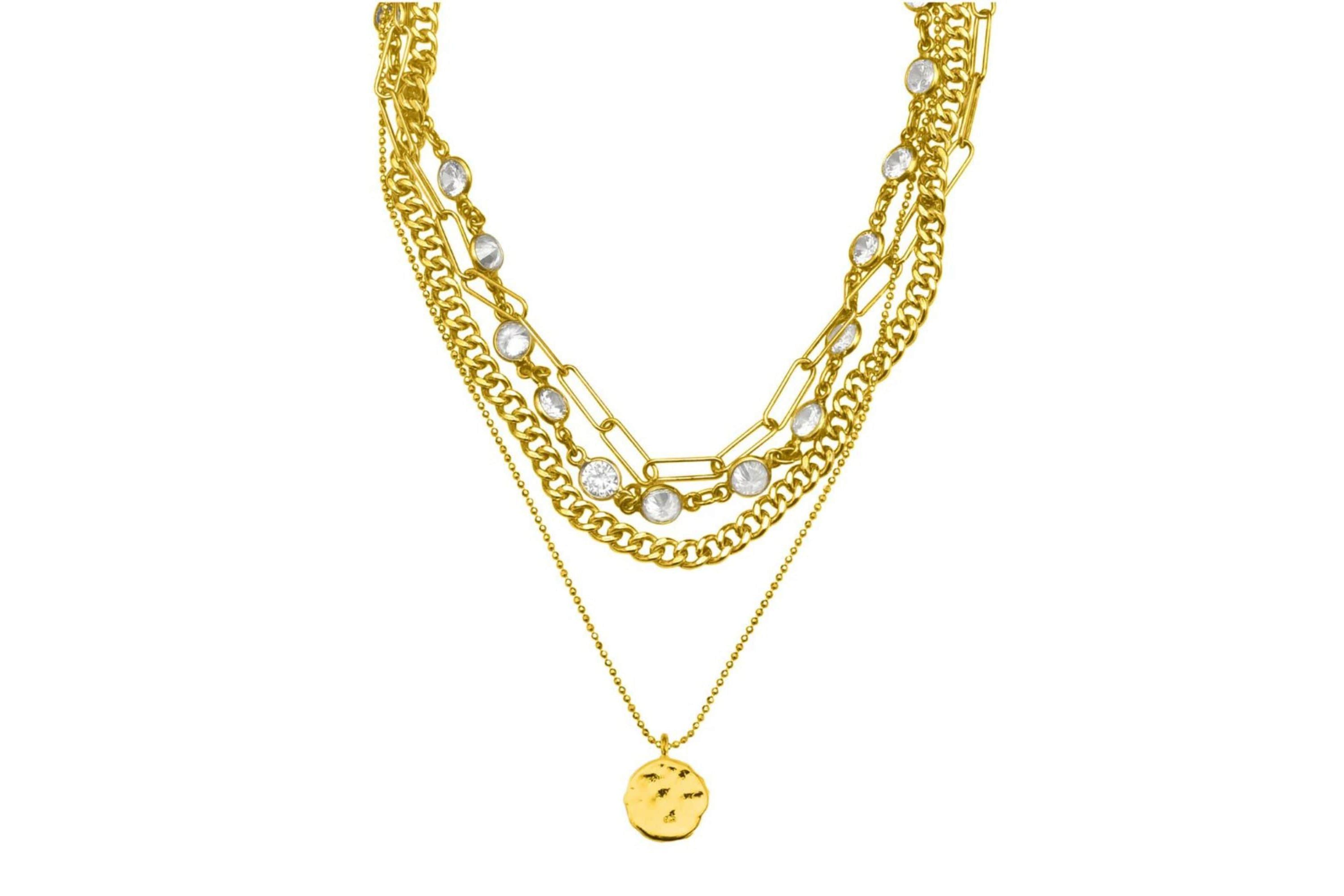 Messy Layered Necklace with Pebbled Charm gold