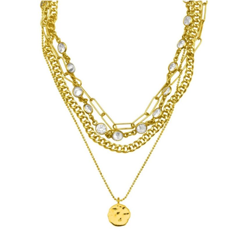 Messy Layered Necklace with Pebbled Charm gold