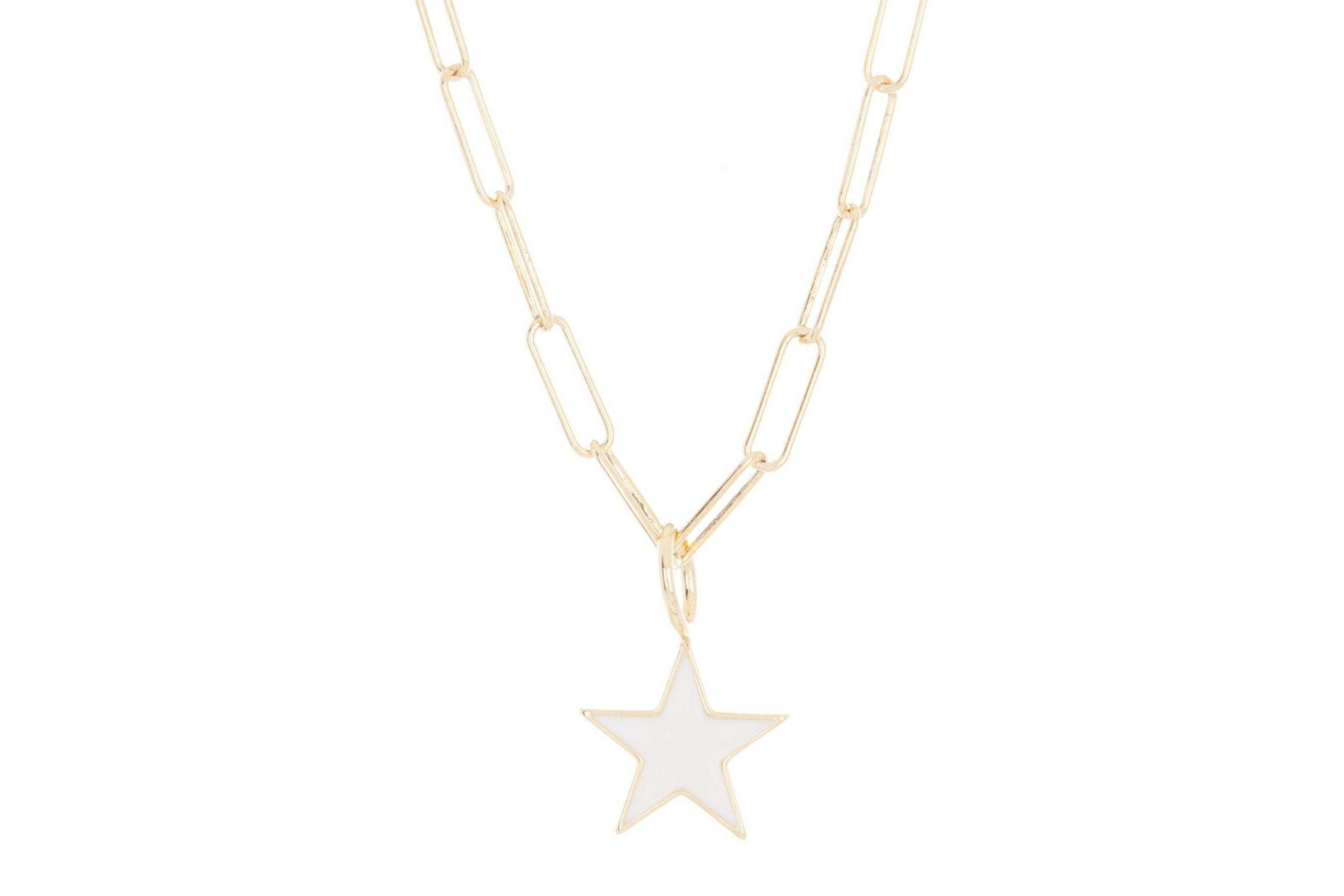 White Enamel Star Paper Clip Chain Necklace gold