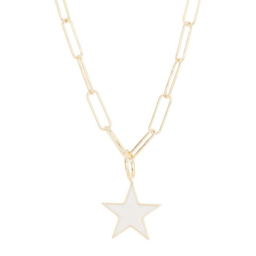 White Enamel Star Paper Clip Chain Necklace gold