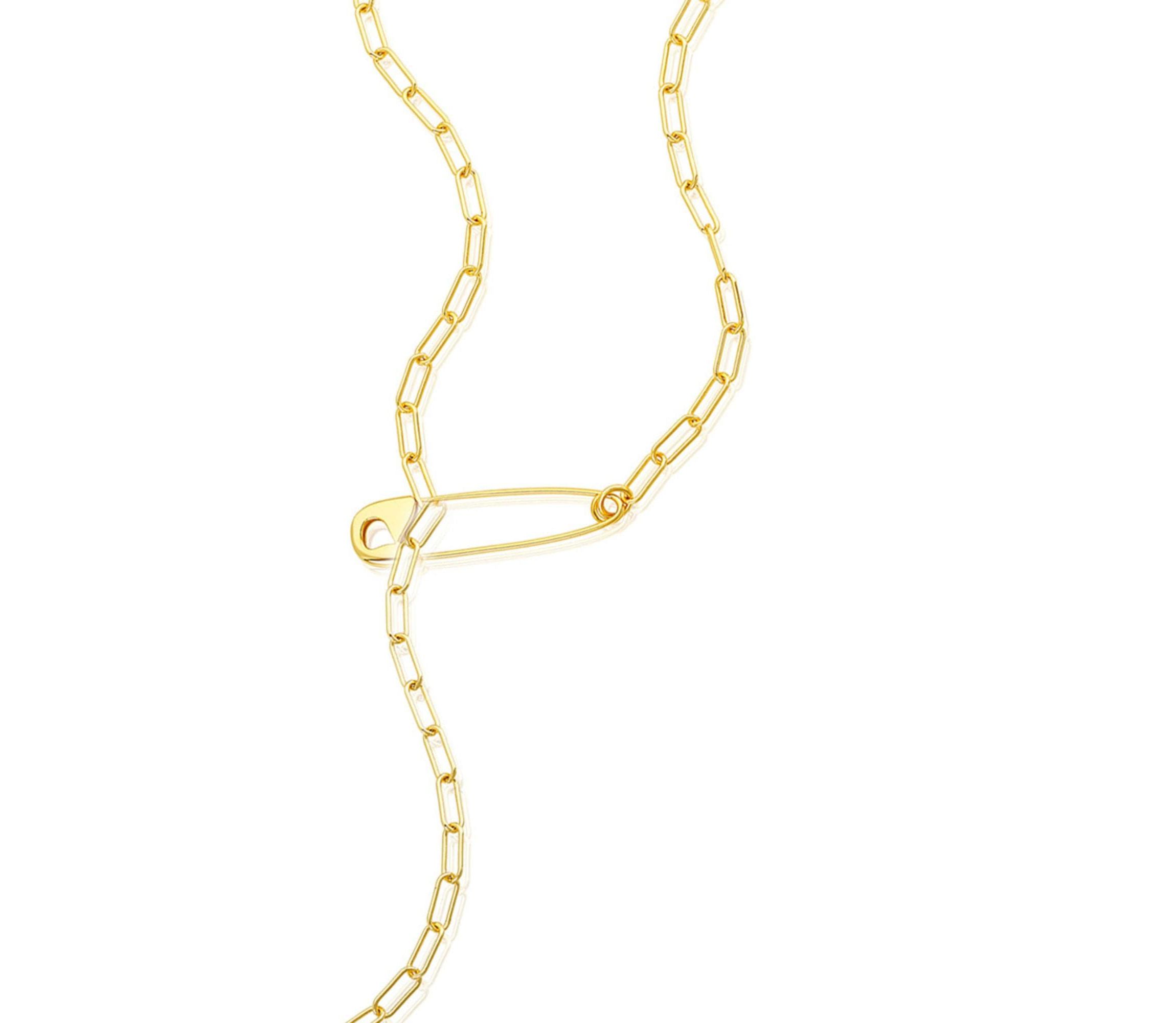 14k Gold Plated Safety Pin Paper Clip Chain Lariat Necklace