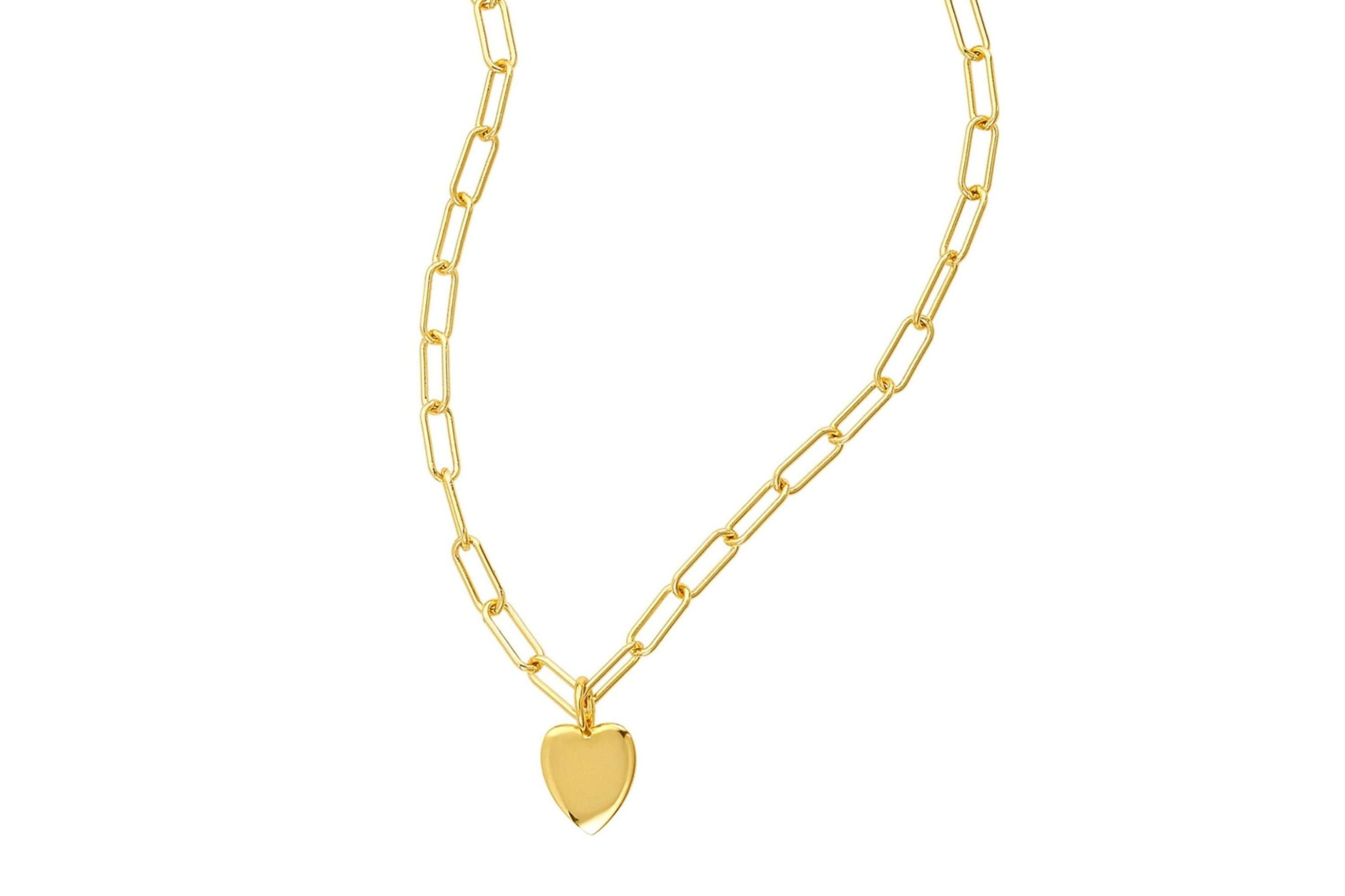 14k Gold Plated 25" Heart Charm Paper Clip Chain Necklace