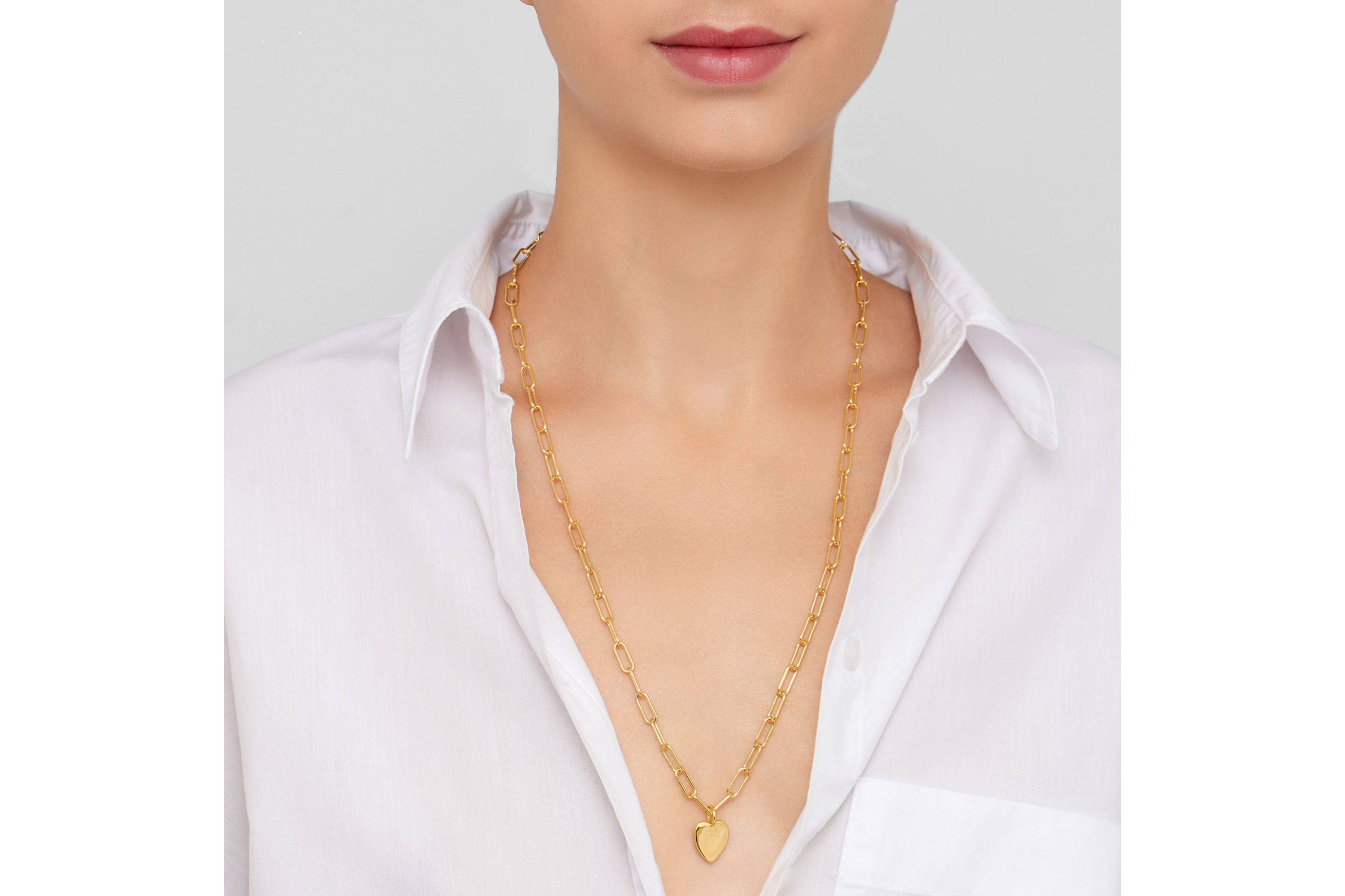 14k Gold Plated 25" Heart Charm Paper Clip Chain Necklace