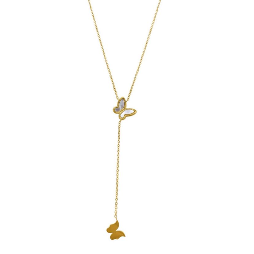 14k Gold Plated Mother of Pearl Butterfly Lariat Necklace