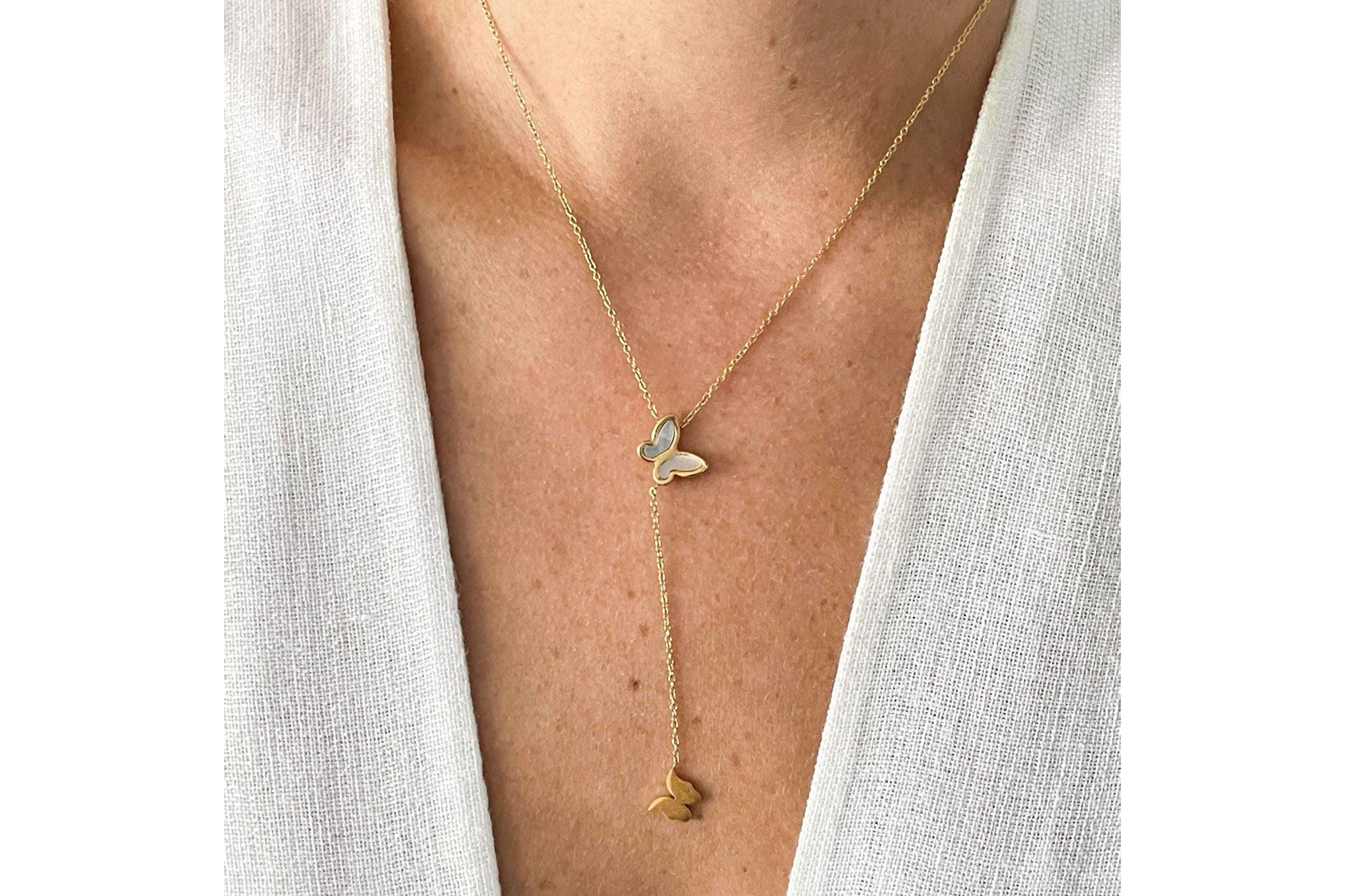 14k Gold Plated Mother of Pearl Butterfly Lariat Necklace