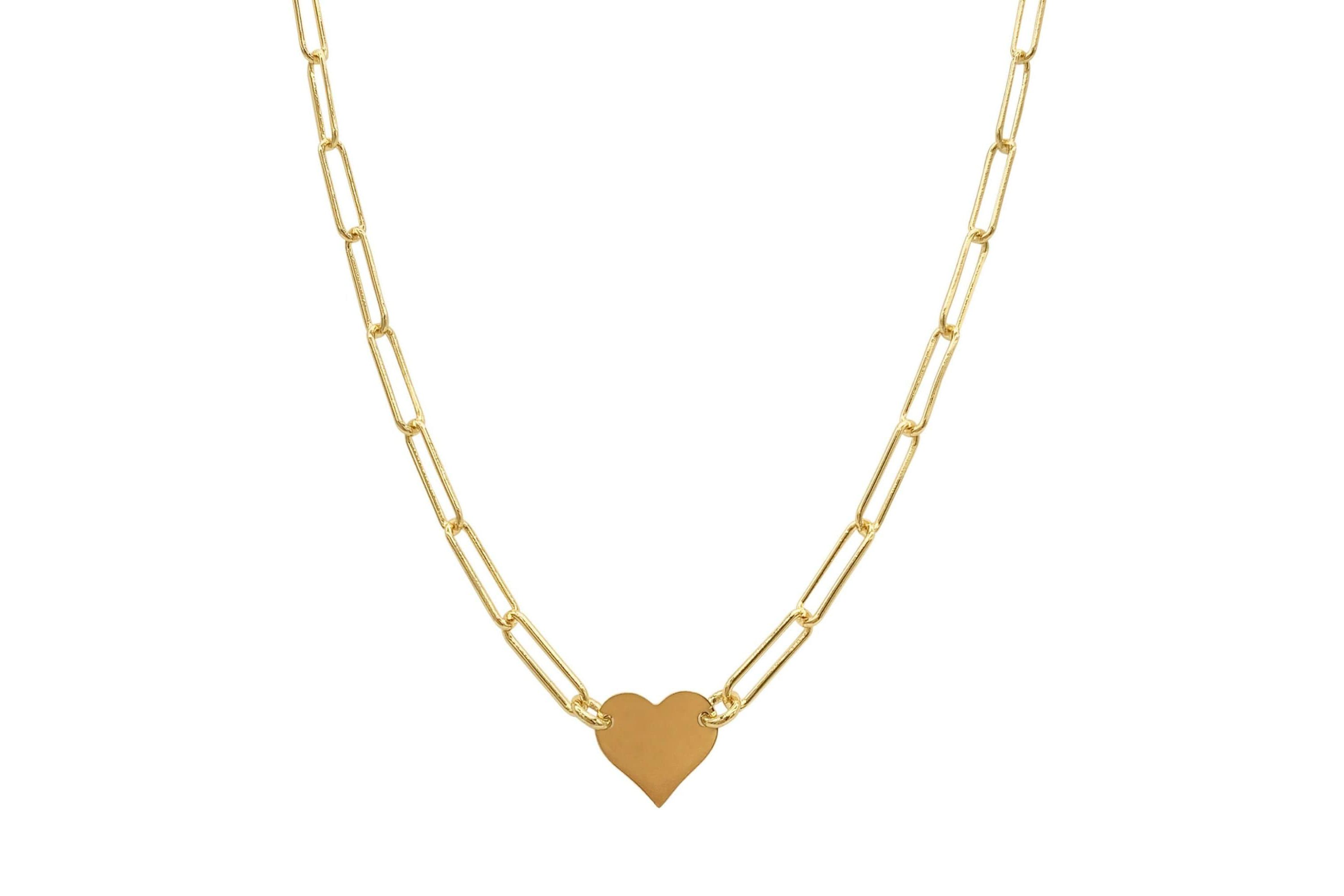 14k Gold Plated Heart Necklace with Paperclip Chain