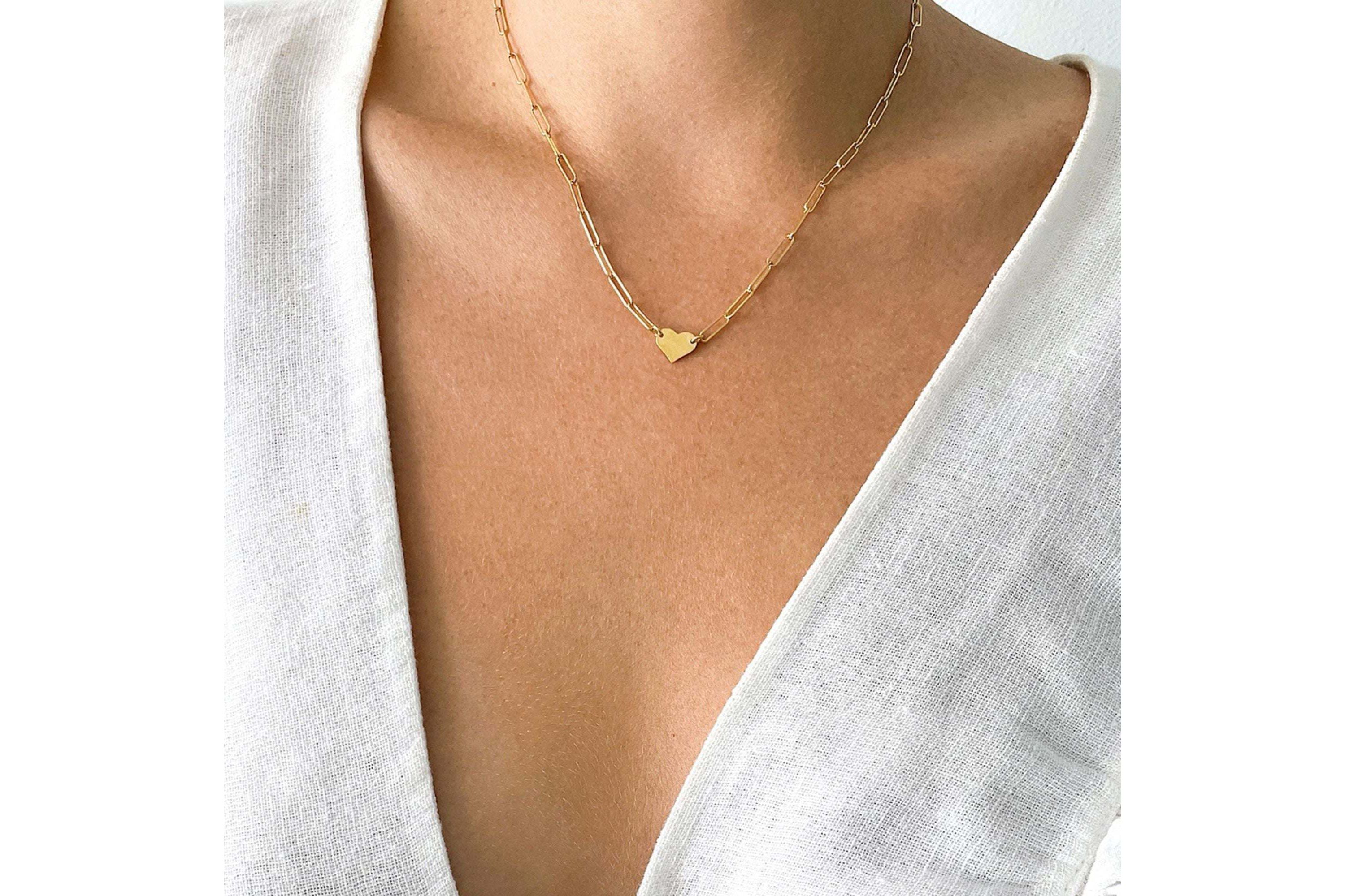 14k Gold Plated Heart Necklace with Paperclip Chain