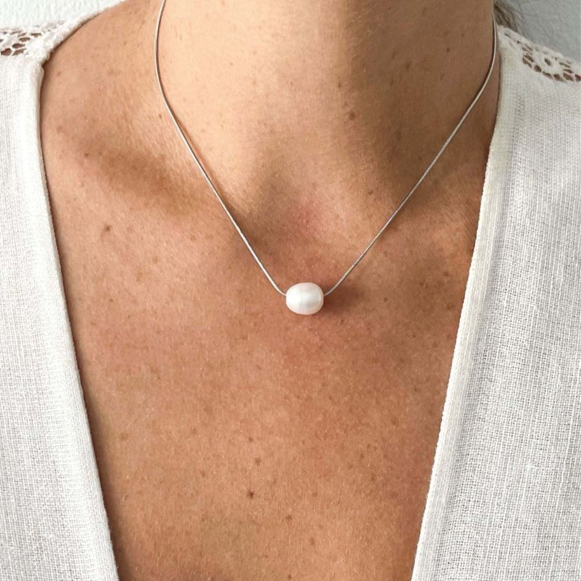 Tarnish Resistant Rhodium Plated Freshwater Pearl Chain Necklace