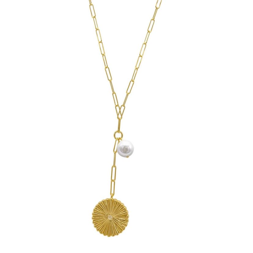 14k Gold Plated Sunburst Pendant Y- Necklace with Pearl Drop
