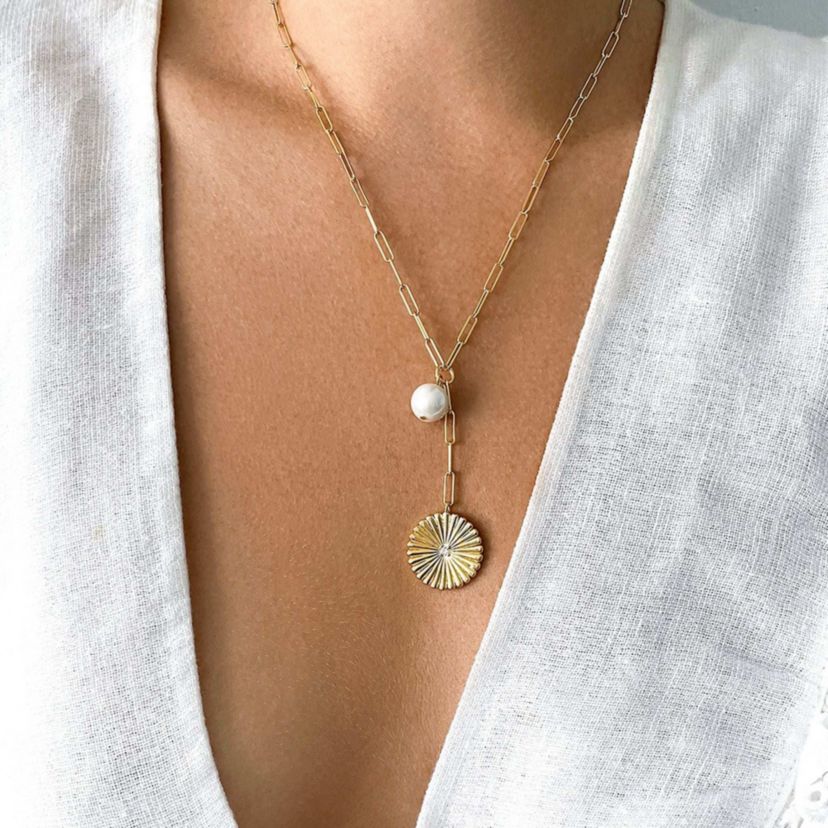 14k Gold Plated Sunburst Pendant Y- Necklace with Pearl Drop