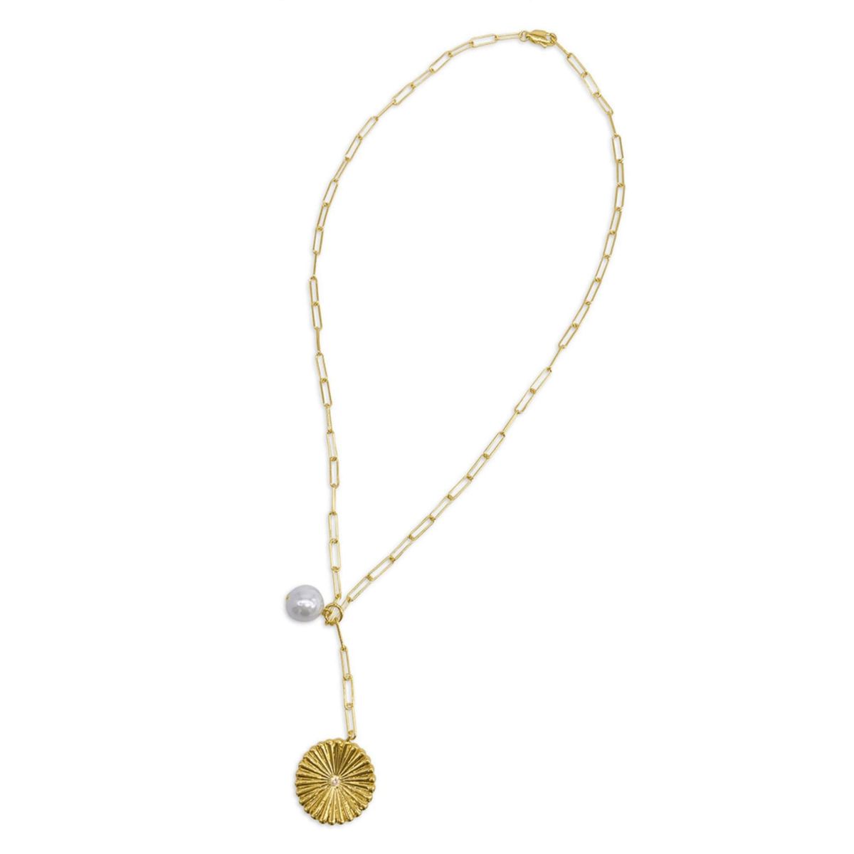 14k Gold Plated Sunburst Pendant Y- Necklace with Pearl Drop